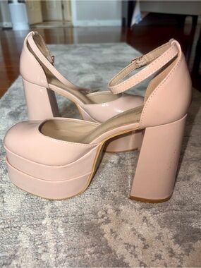 Chunky Forever Padded Platform Ballet Mary Jane Block Heels in Baby Pink & Beige